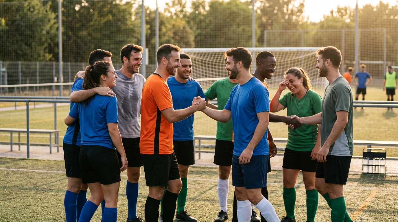 Grupo de amigos de una peña de fútbol amateur riendo y estrechándose las manos tras un partido, simbolizando una buena convivencia y ausencia de conflictos gracias a un reglamento interno.
