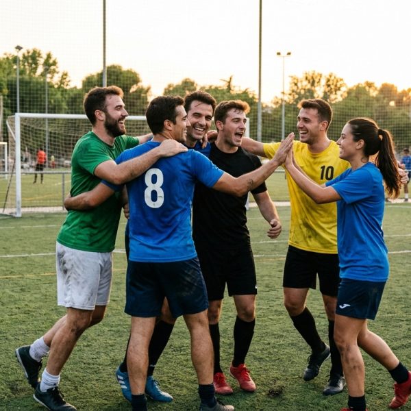 Jugadores de fútbol amateur celebrando un gol, mostrando cohesión y espíritu de equipo, con elementos digitales sutiles que sugieren conectividad y tecnología.