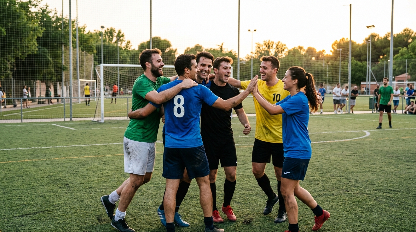 Jugadores de fútbol amateur celebrando un gol, mostrando cohesión y espíritu de equipo, con elementos digitales sutiles que sugieren conectividad y tecnología.