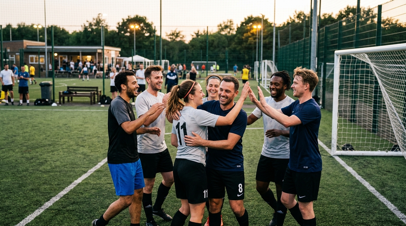 Grupo de jugadores de fútbol amateur celebrando un gol, con un ambiente de camaradería y organización, simbolizando el crecimiento sin caos.