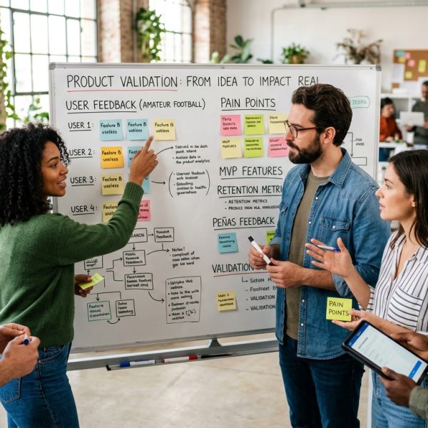 Equipo de startup validando una idea con usuarios, con pizarras y post-its de fondo, simbolizando el proceso de validación de producto startup.