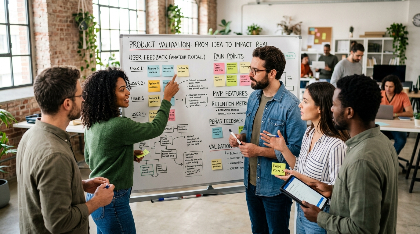 Equipo de startup validando una idea con usuarios, con pizarras y post-its de fondo, simbolizando el proceso de validación de producto startup.