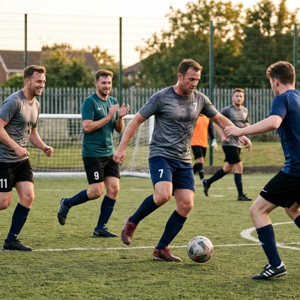 Gráfico de análisis de datos superpuesto sobre un campo de fútbol con jugadores virtuales, simbolizando la estrategia y la tecnología en el deporte amateur.