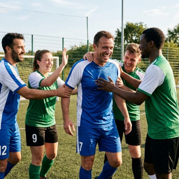 Jugadores de fútbol amateur sonriendo y celebrando un gol, mostrando cohesión y felicidad en el campo.