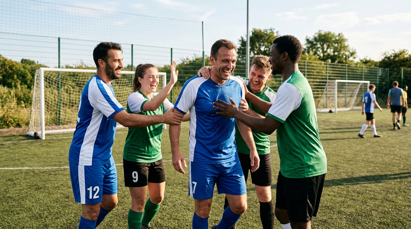 Jugadores de fútbol amateur sonriendo y celebrando un gol, mostrando cohesión y felicidad en el campo.