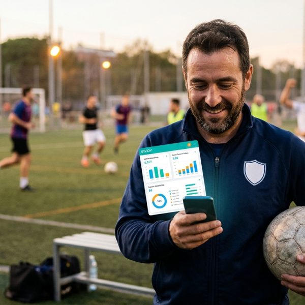 Delegado de fútbol amateur sonriendo mientras usa una aplicación en su móvil, liberado del estrés por la automatización de tareas de gestión de peña.