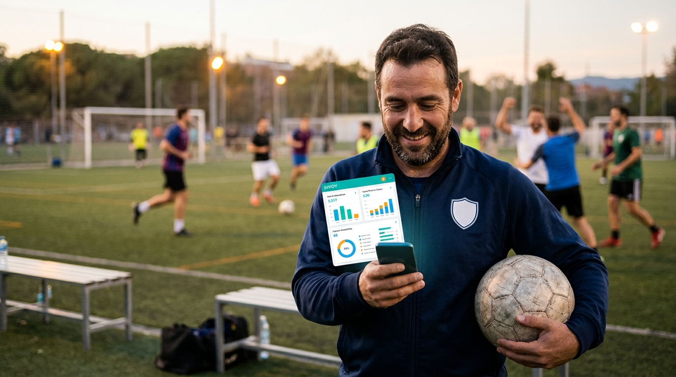 Delegado de fútbol amateur sonriendo mientras usa una aplicación en su móvil, liberado del estrés por la automatización de tareas de gestión de peña.