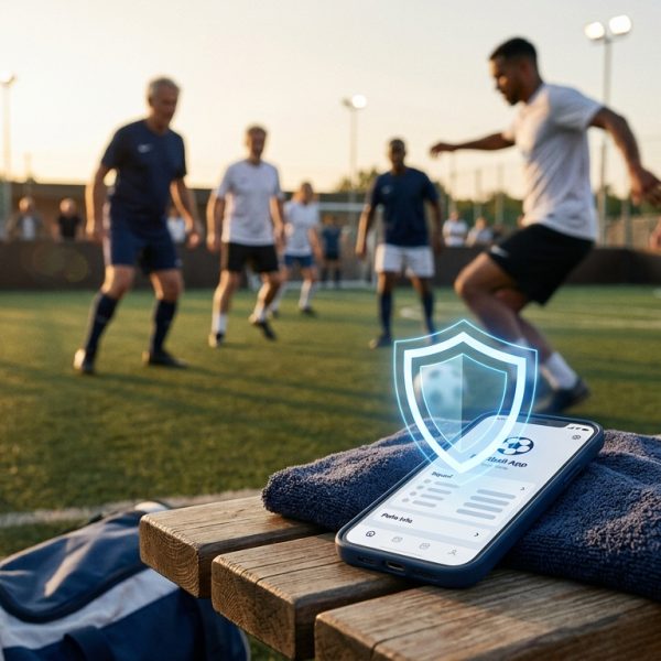 Un escudo digital protegiendo una aplicación móvil, simbolizando la ciberseguridad para startups.
