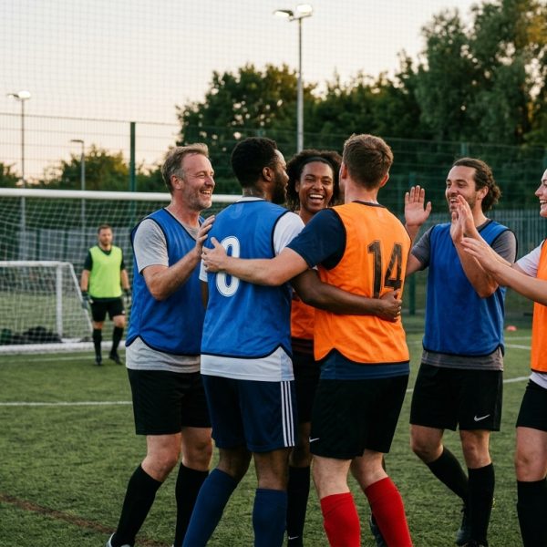 Jugadores de fútbol amateur celebrando un gol en un partido organizado, simbolizando el crecimiento de una comunidad a través de una aplicación.