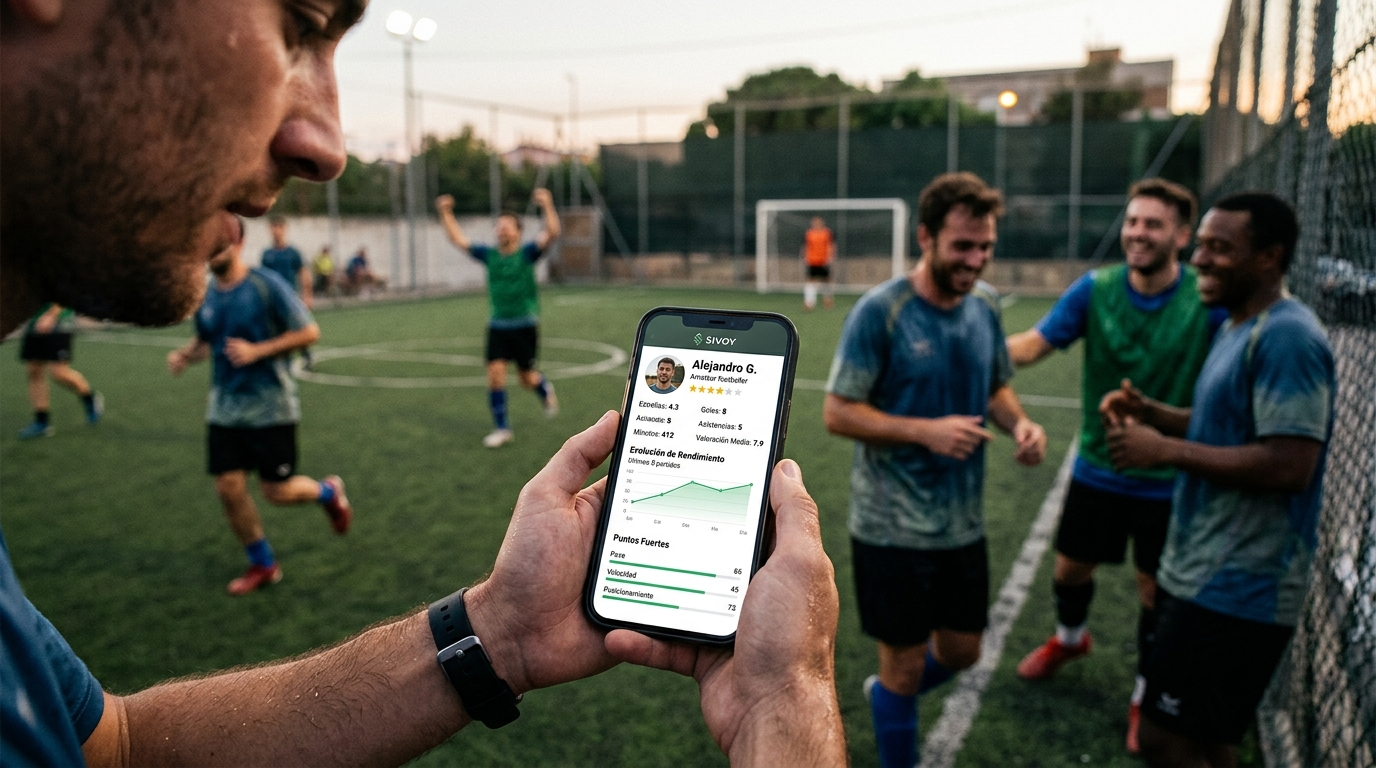 Tarjeta de jugador digital mostrando estadísticas y perfil de un futbolista amateur en la pantalla de un smartphone.