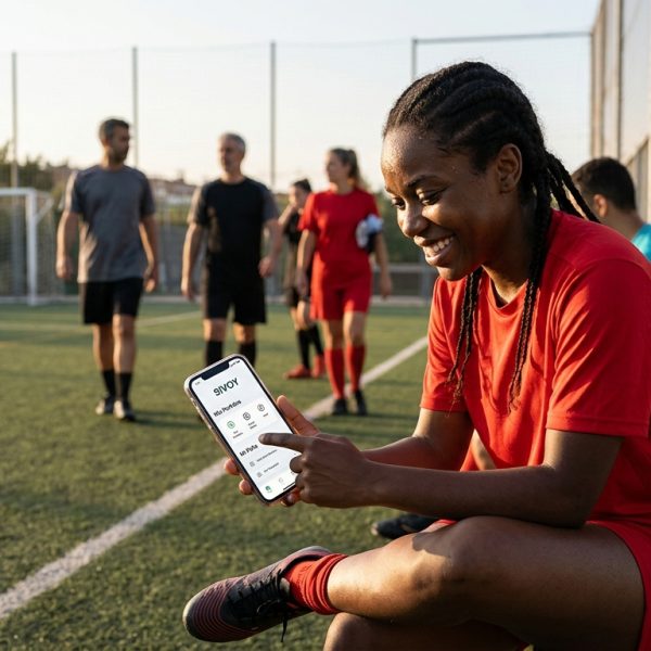 Jugador de fútbol amateur interactuando con una aplicación móvil en un campo de fútbol, simbolizando un onboarding exitoso.
