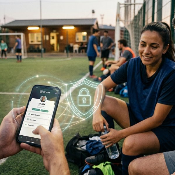Manos sosteniendo un móvil con el logo de SIVOY, una capa de seguridad digital y un candado virtual superpuesto, transmitiendo confianza y protección de datos.