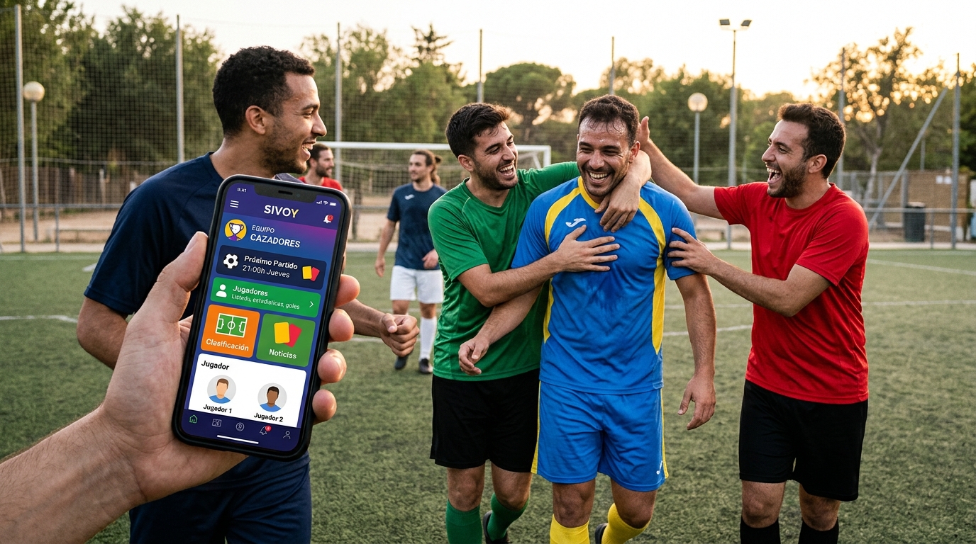 Equipo de fútbol amateur celebrando un gol en el campo, con un móvil mostrando una app de gestión en primer plano.