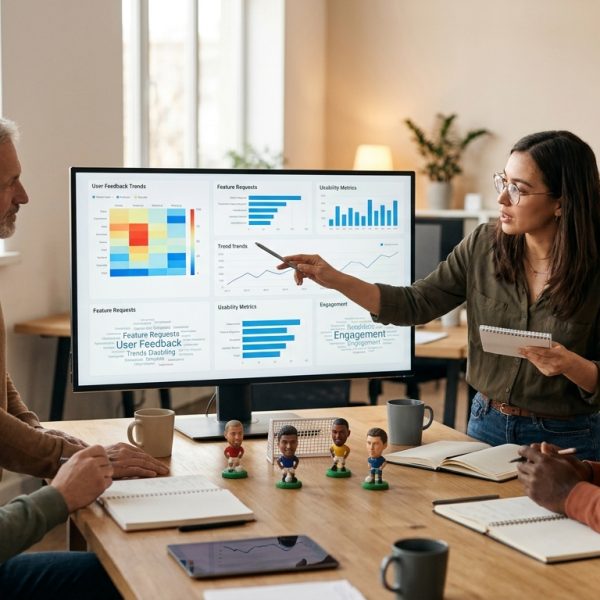 Equipo de desarrollo de SIVOY analizando gráficos de feedback de usuarios en una pantalla grande, con figuras de jugadores de fútbol en miniatura en la mesa, simbolizando la conexión con la comunidad.