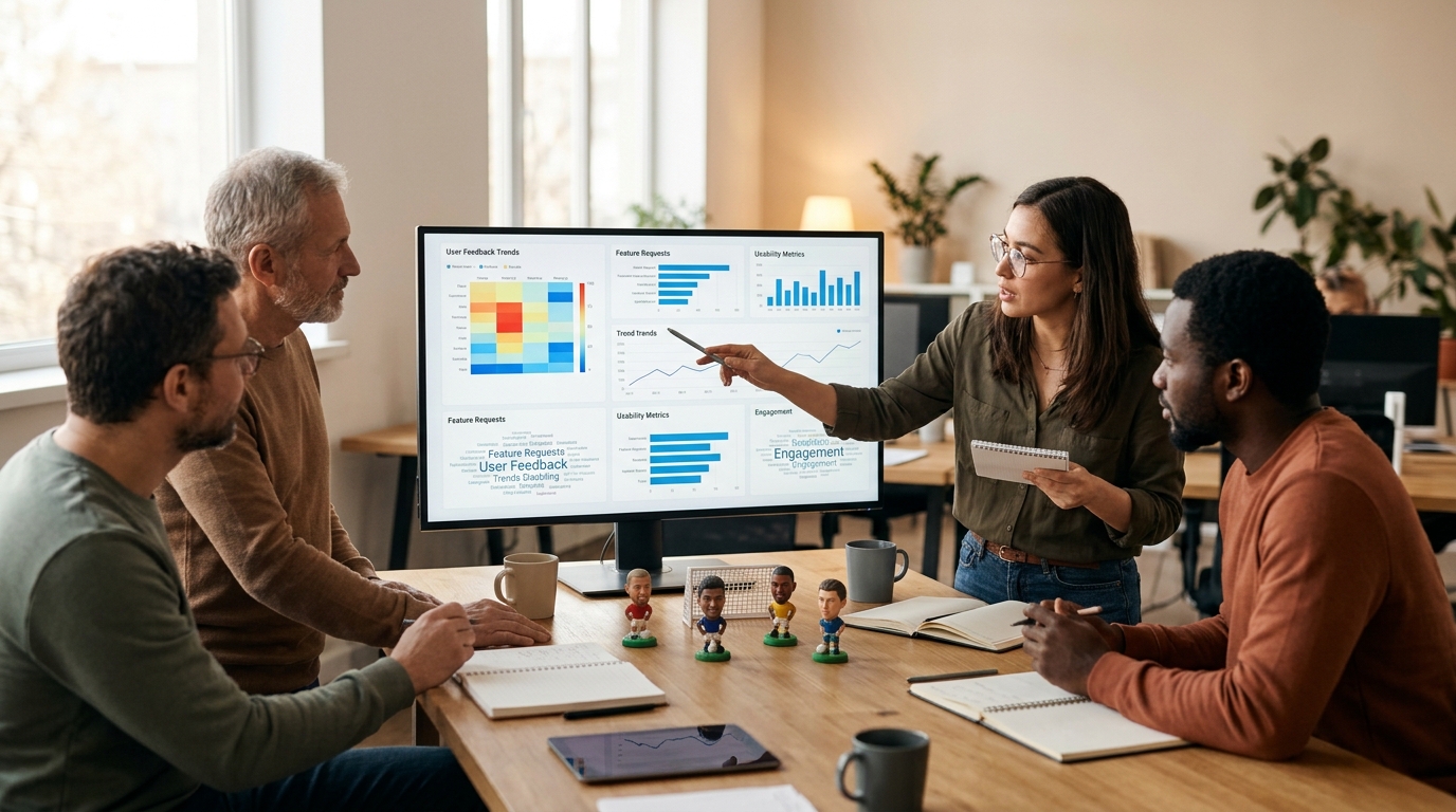 Equipo de desarrollo de SIVOY analizando gráficos de feedback de usuarios en una pantalla grande, con figuras de jugadores de fútbol en miniatura en la mesa, simbolizando la conexión con la comunidad.