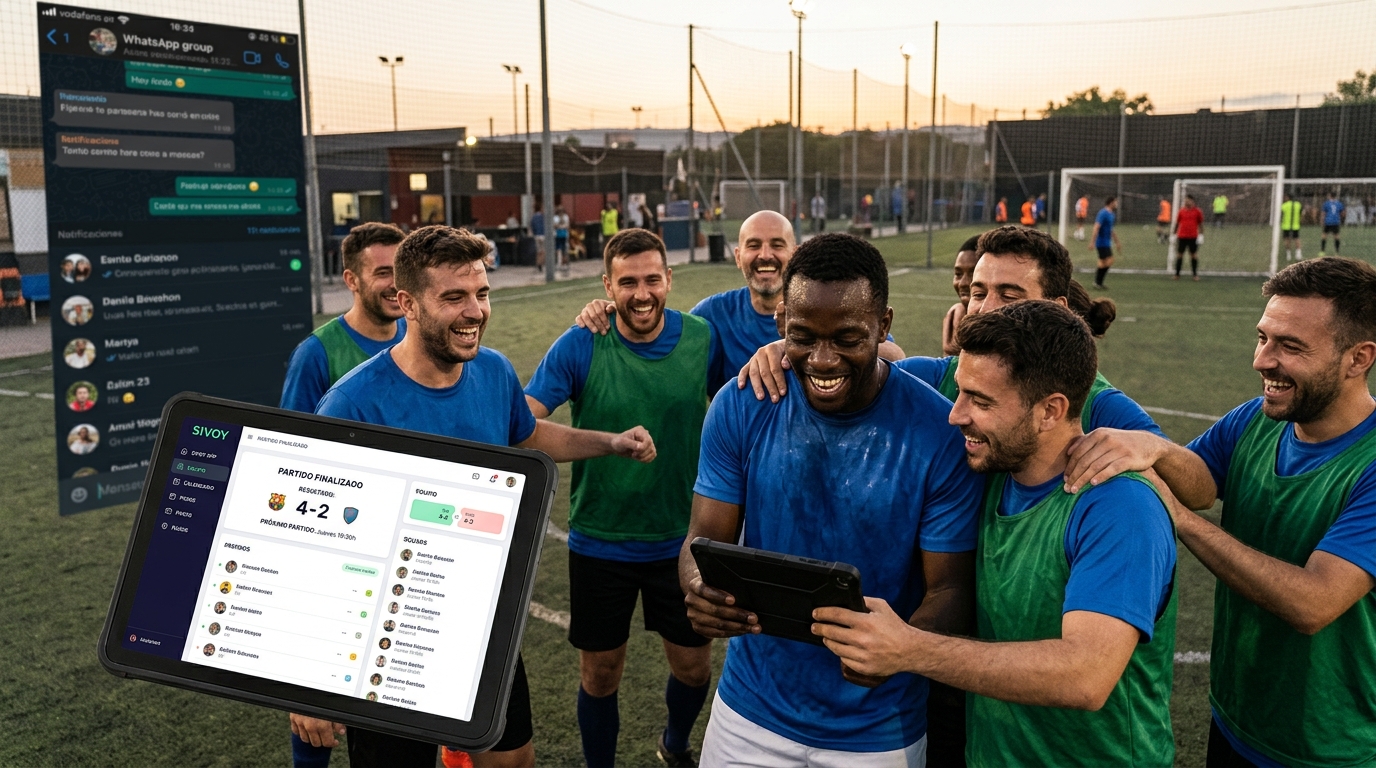 Grupo de jugadores de fútbol amateur celebrando mientras uno de ellos mira una tablet con la interfaz de una app de gestión deportiva, simbolizando la transición del caos de WhatsApp a una organización digital.