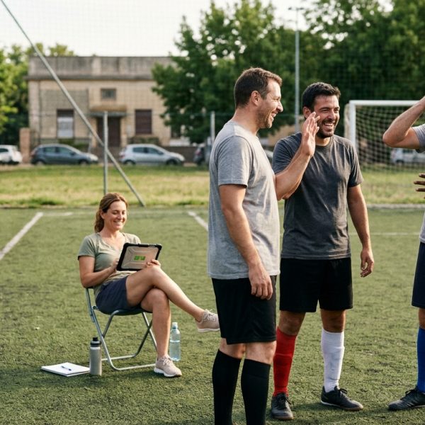 Jugadores de fútbol amateur relajados y felices en un campo, con un administrador sonriendo al fondo, simbolizando la paz mental y la gestión sin estrés.