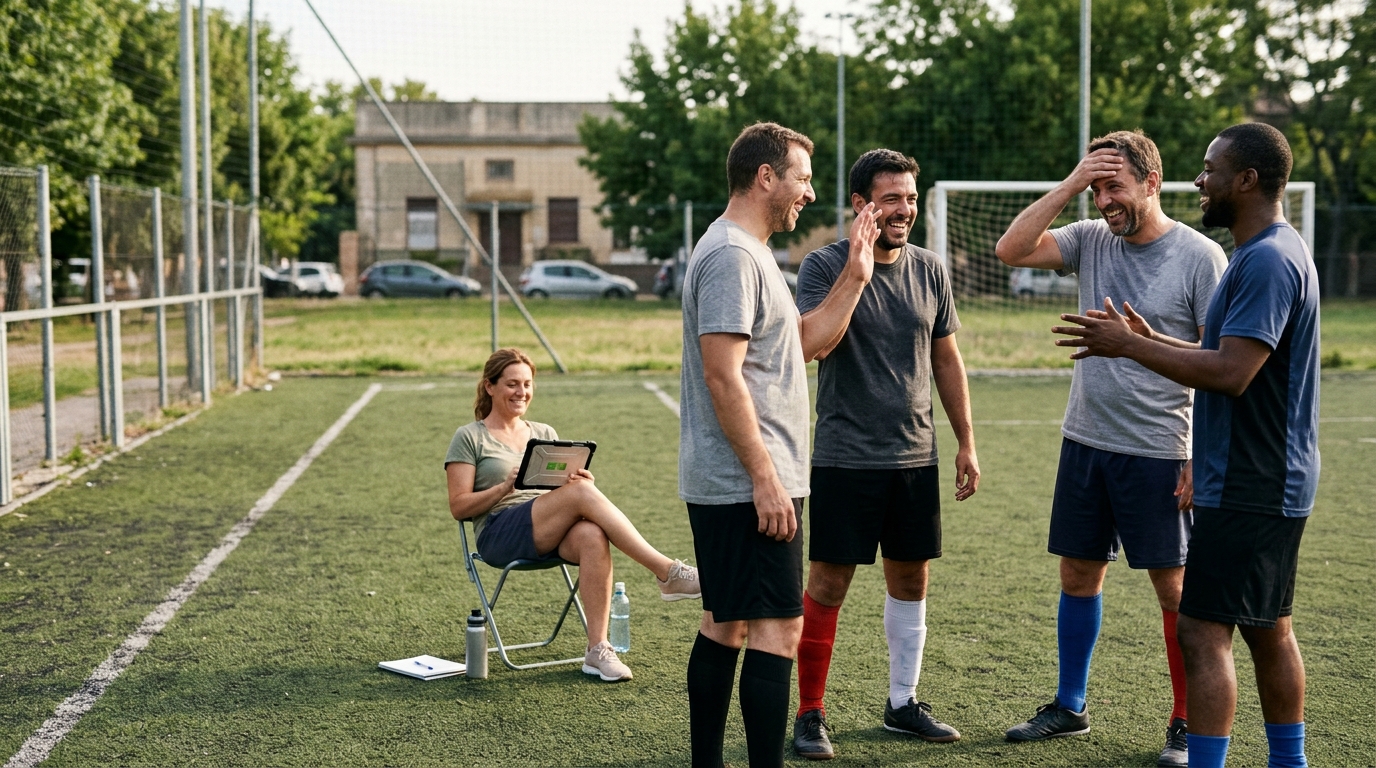 Jugadores de fútbol amateur relajados y felices en un campo, con un administrador sonriendo al fondo, simbolizando la paz mental y la gestión sin estrés.