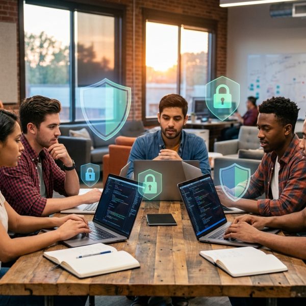 Equipo de desarrollo de una startup trabajando en ciberseguridad para una aplicación móvil, con escudos y candados digitales flotando sobre las pantallas
